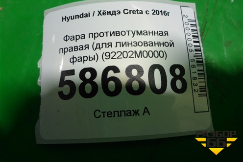 Фара противотуманная правая (для линзованной фары) (92202M0000) для Hyundai Creta с 2016г
